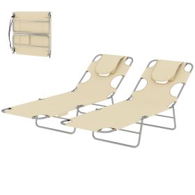 2 Tanning Chairs with Face Hole, 5-Level Adjustable Outdoor Chaise Lounge Chair with Pillow for Beach, Pool, Beige