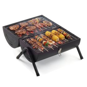 Portable Charcoal Grill Outdoor Stove, Two Side Carbon Griller for BBQ, Tabletop Barbecue Grill for Outdoor Camping Backyard Party, Black (Color: black)